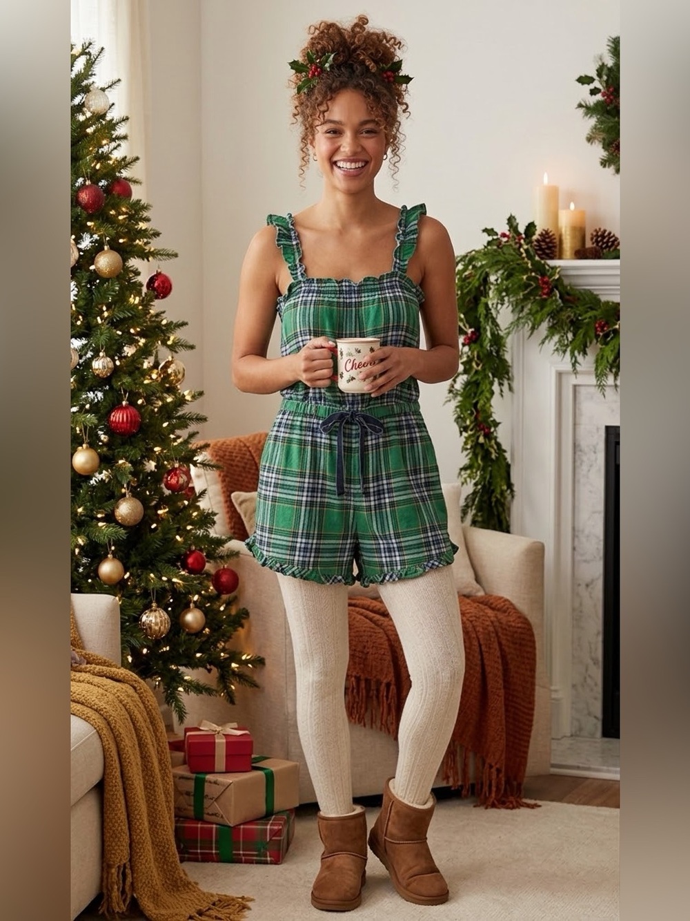 Aerie Green Plaid Flannel Ruffle Romper